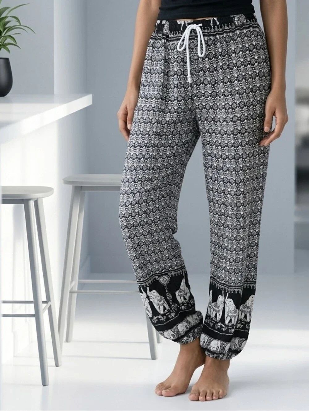 Elephant Print Harem Pants Boho Yoga Lounge Joggers Large Vacation Traveler Chic